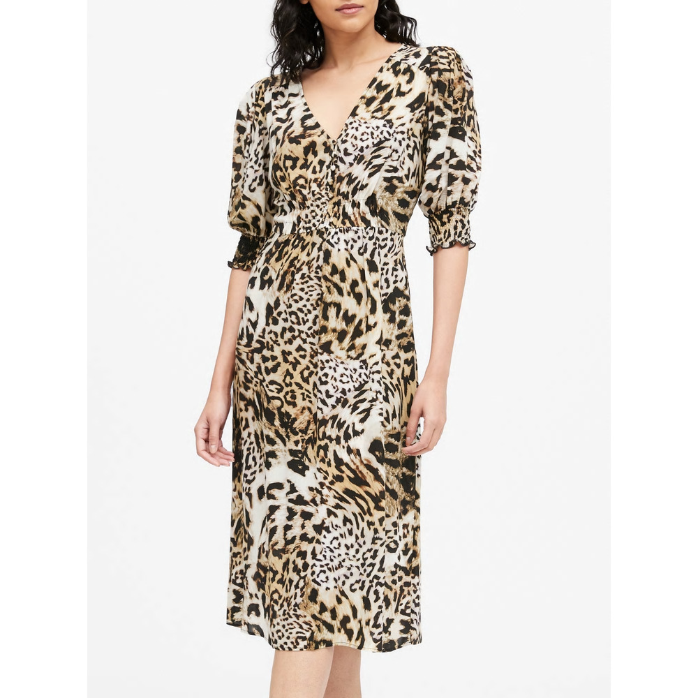 Banana Republic Animal Leopard Print V Neck Midi Dress Size 6 Casual Smocked
